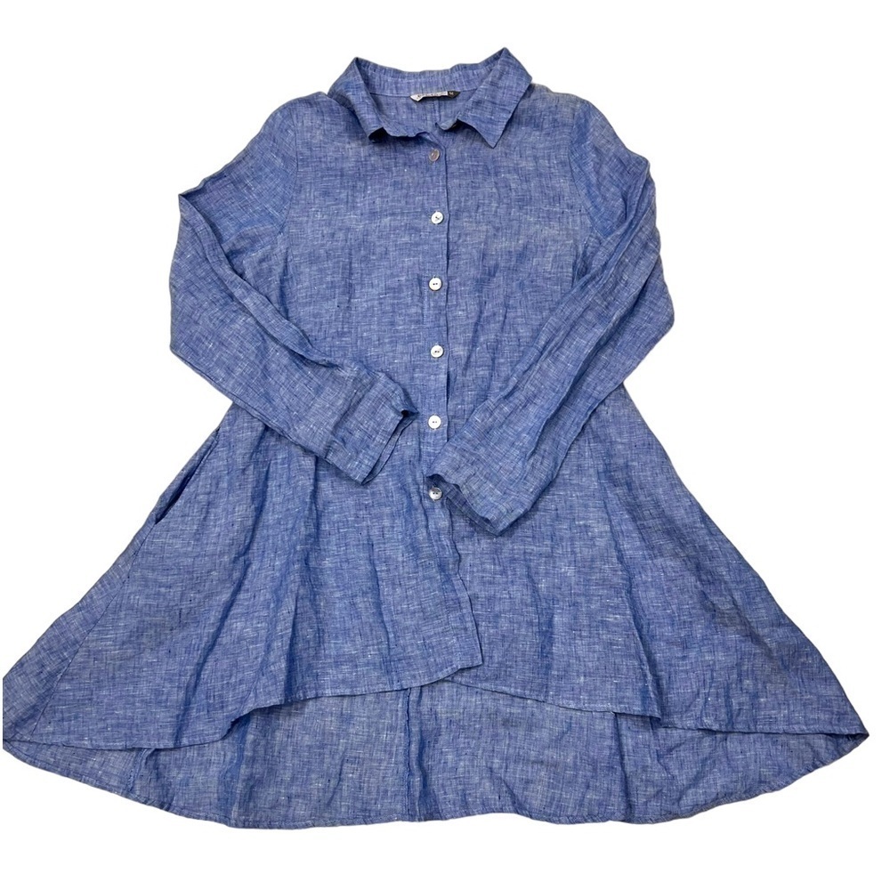 Chalet et Ceci Women’s Medium Blue Linen Lagenlook Tunic A Line Swing Hi Lo Hem